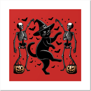 Witch Cat Dancing With Skeletons Posters and Art